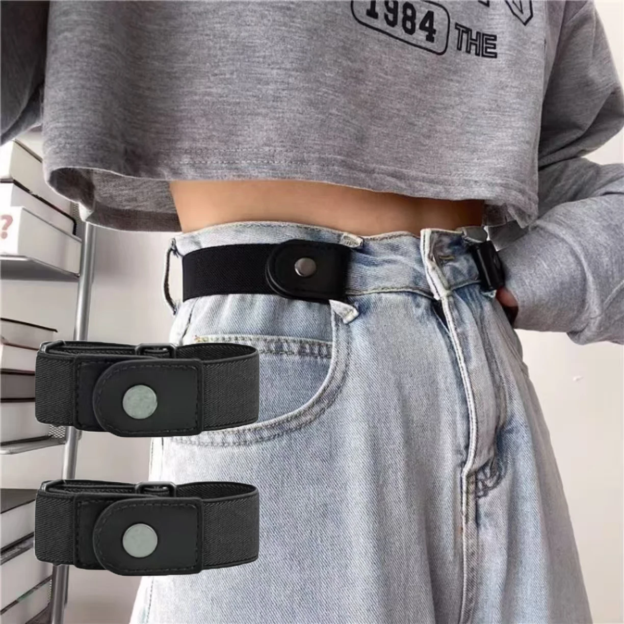 2pcs/set No Buckle Elastic Belt For Women Men Uni Stretch Belt For Pants Jeans Casual Buckle Free Adjustable Invisible Belt