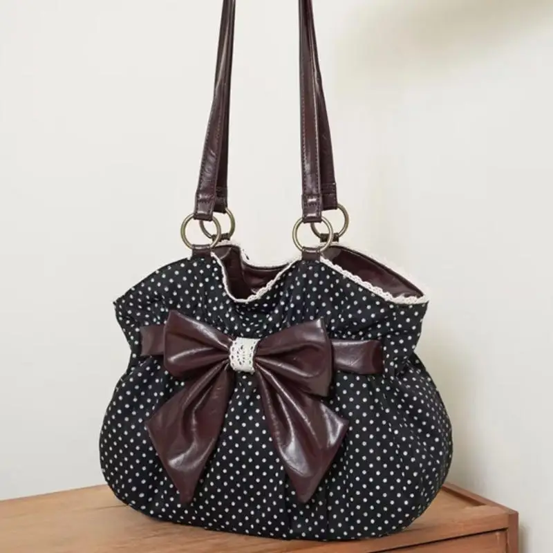 Vintage Polka Dot Tote Bag Large Capacity Commuter Handbag Lady Daily Casual Stylish Carryall Shopping Travel Versatile Bag