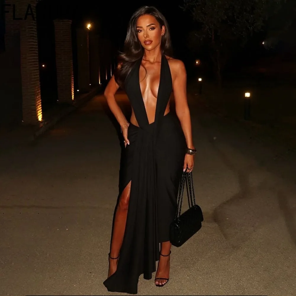 FLARORA Elegant Halter Backless Maxi Dress Woman Deep V Sleeveless Side Slit Irregular Dresses Luxury Evening Patry Clubwear New