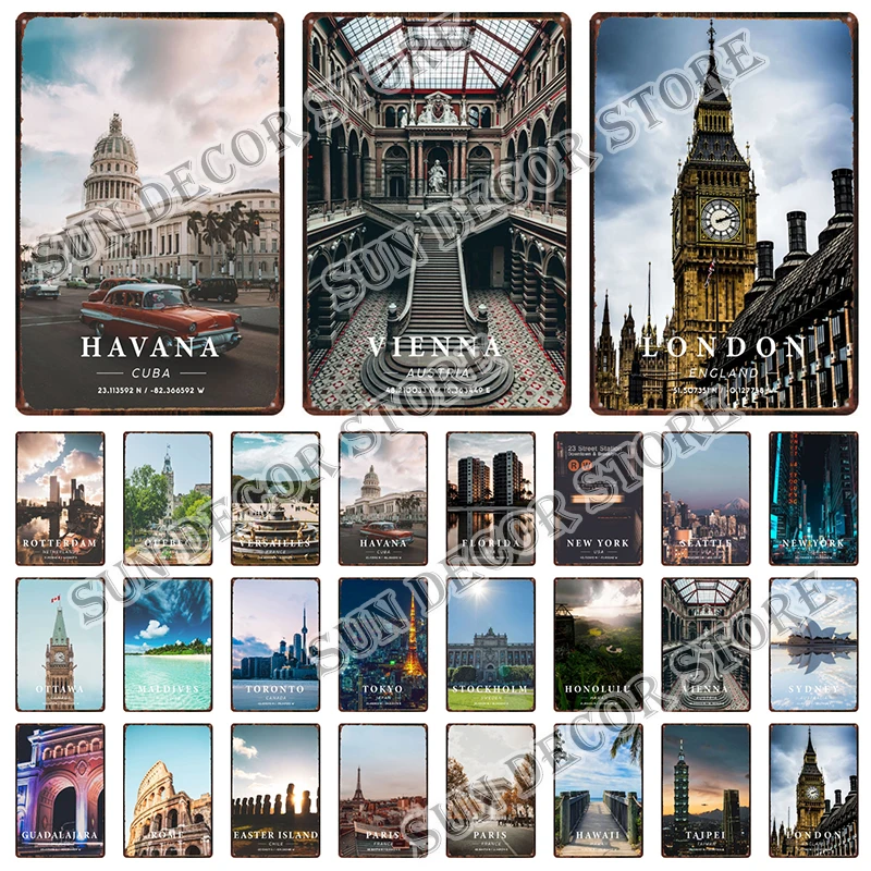 Retro Metal Sign Poster Famous City Of LONDON MADRD DUBAI AMSTERDAM  Boston Nordic Style Wall Art Picture Home Decor Gift A-1340