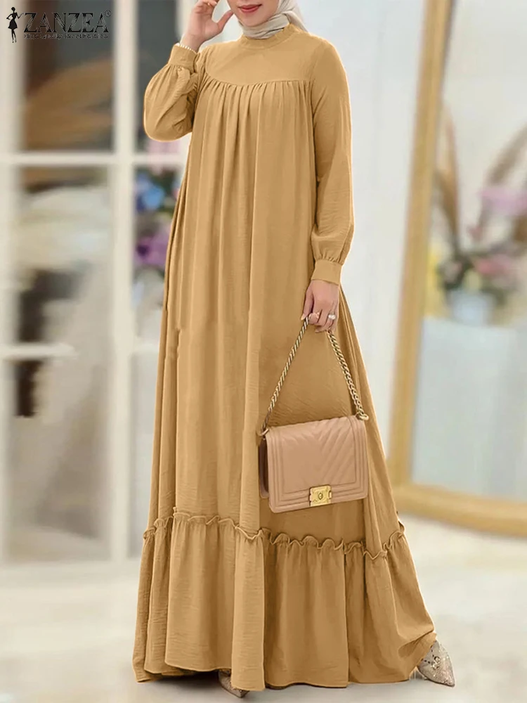 ZANZEA mujeres moda musulmán Maxi Vestido otoño manga larga volantes sólidos dobladillo Sundress Vintage Kaftan Turquía Abaya Hijab Vestido