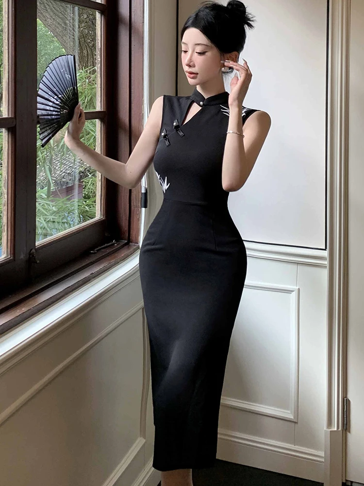 Summer Black Elegant Embroidery Stand Collar Dress Women Fashion Bodycon Sleeveless Dress 2025 Korean Vintage Hepburn Prom Dress