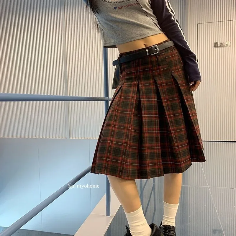 Low Waist Pleated Skirts Women Plaid Knee-length Autumn Korean Fashion Preppy Style All-match Casual Students Vintage Literary