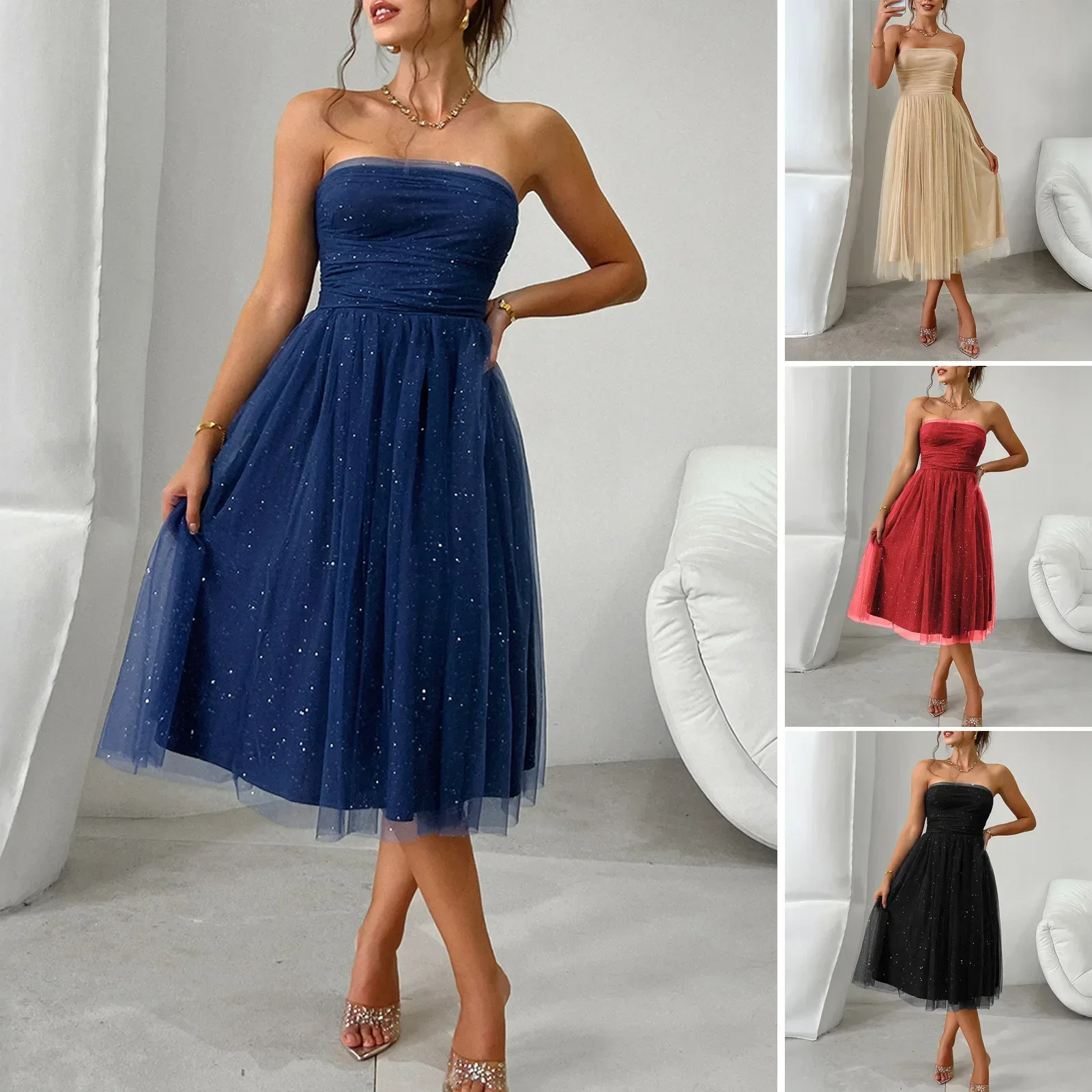 

LIBIELIY Chest Wrapped High Waist Gauze Midi Dress Summer Solid Color Bright Women's Evening Dress Fashion Simple Ladies Prom Pa