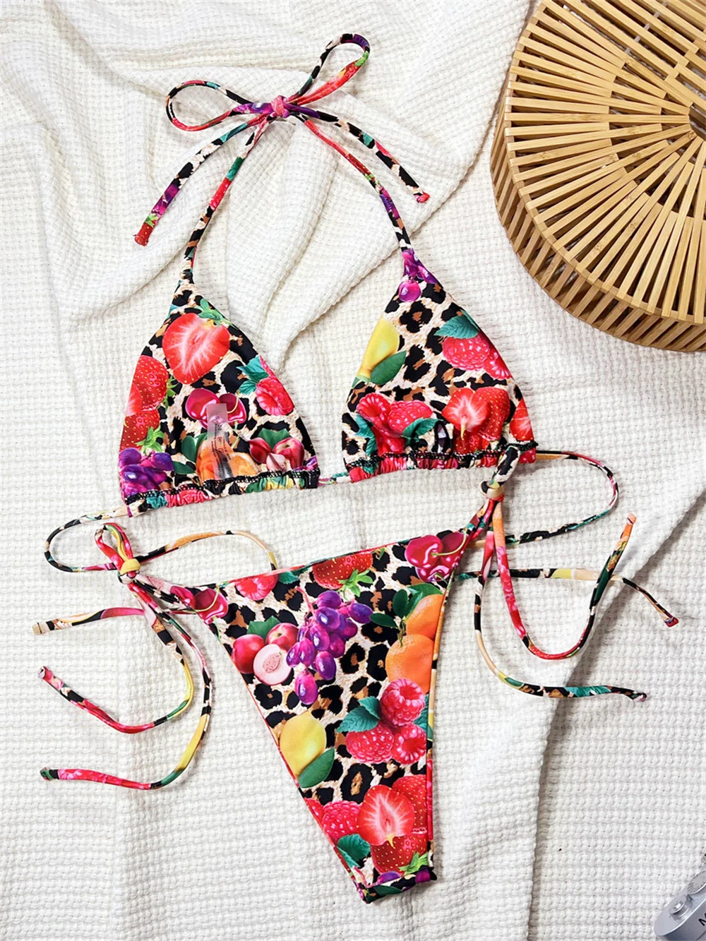 Colorful Fruit Bikini Thong Micro String Backless Swimsuit Women Triangle Leopard Print Backless Vacation Swimwears Beach Outfit