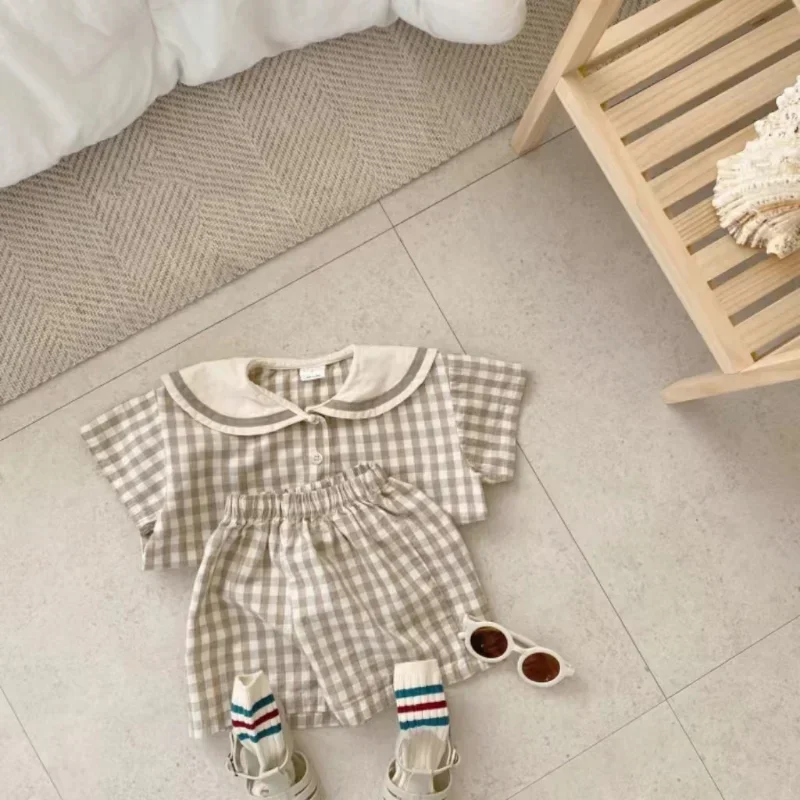 2024 Summer New Baby Navy Collar Plaid Clothes Set Children Short Sleeve Tops + Shorts 2pcs Suit For Boys Girls Infant Outfits