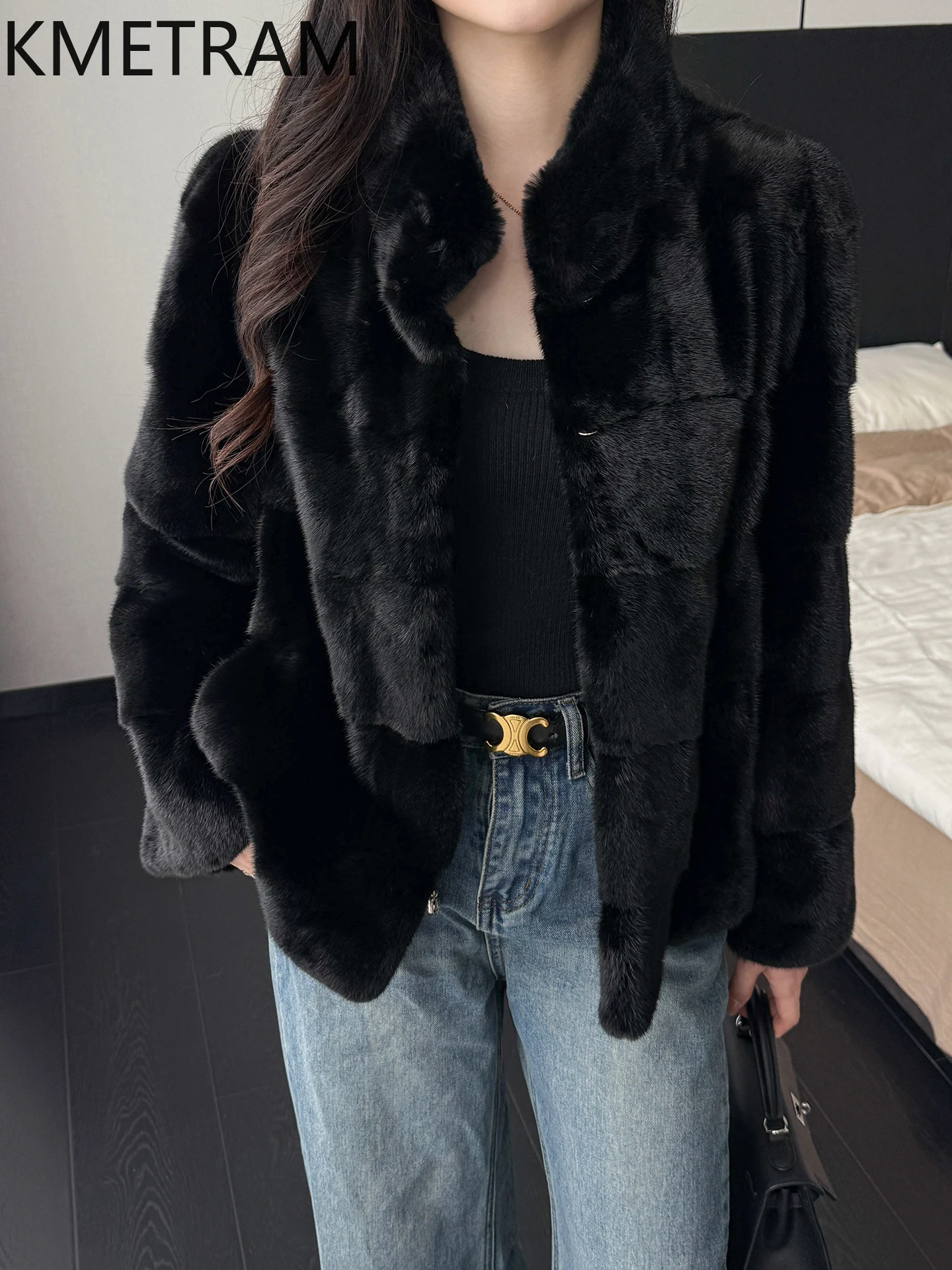 سترة KMETRAM 100% من فرو المنك للسيدات بياقة واقفة معطف قصير من الفرو الحقيقي 2025 ملابس خارجية شتوية عالية الجودة ملابس نسائية