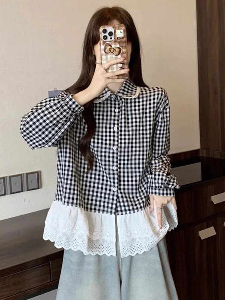 المرأة الحلو منقوشة قميص الفرنسية خمر نمط Preppy الدانتيل المرقعة بلوزة ريترو كم طويل سيدة لطيف بيتر بان طوق القمم #5