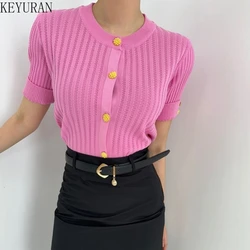 New Summer Korean Chic Thin Ice Silk Knitted Cardigan Women V-neck Single Breasted Short Sleeve Sweater Ropa Mujer Knitwear Tops