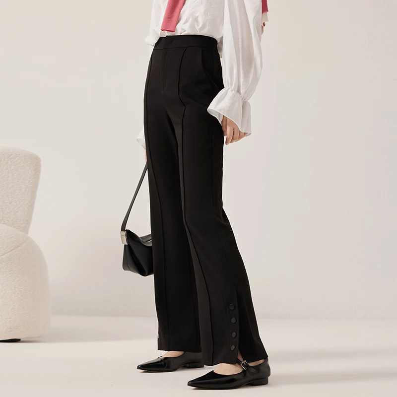 

Fashionable Black Micro Flare Pants Casual Trousers Spring Season Indicia Women's Clothing Long Legs Slit Design Casual Pants