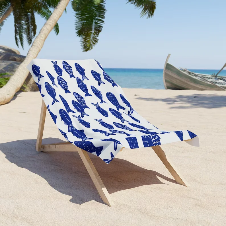 Blue Sardine Fish Pattern Beach Towel  Nautical School Fish Design, Lake House decor, beach house essentials
