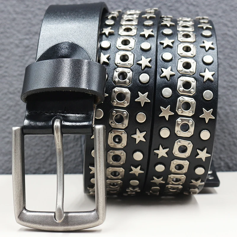 男性カジュアルパンクロックオートバイベルトソフトレザーリベットスタッズベルトブランドデザイナーウエストバンド女性黒スタイリッシュなストラップオンサッシュ
