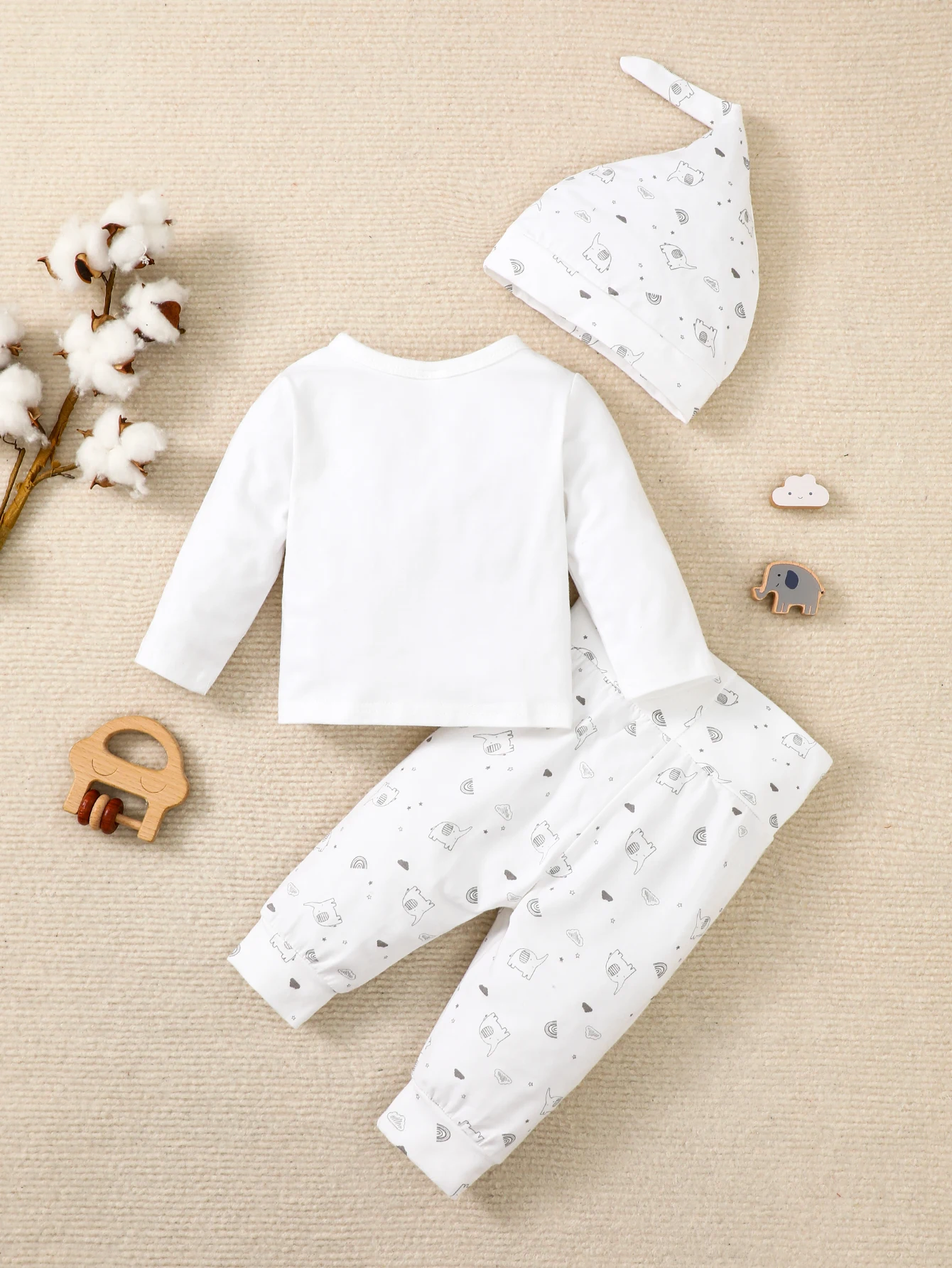 Newborn Baby Set Round Neck Long Sleeved Top+Elephant Print Pants+Hat 3PC Suitable for Autumn Set for Babies Aged 0-9 Months