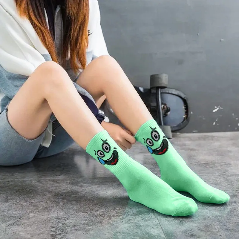 Random 5 Pairs Unisex Kawai Cartoon Funny Candy Color Mid-tube Sock Spring Autumn Cute Lovely Expression Men Women Student Socks