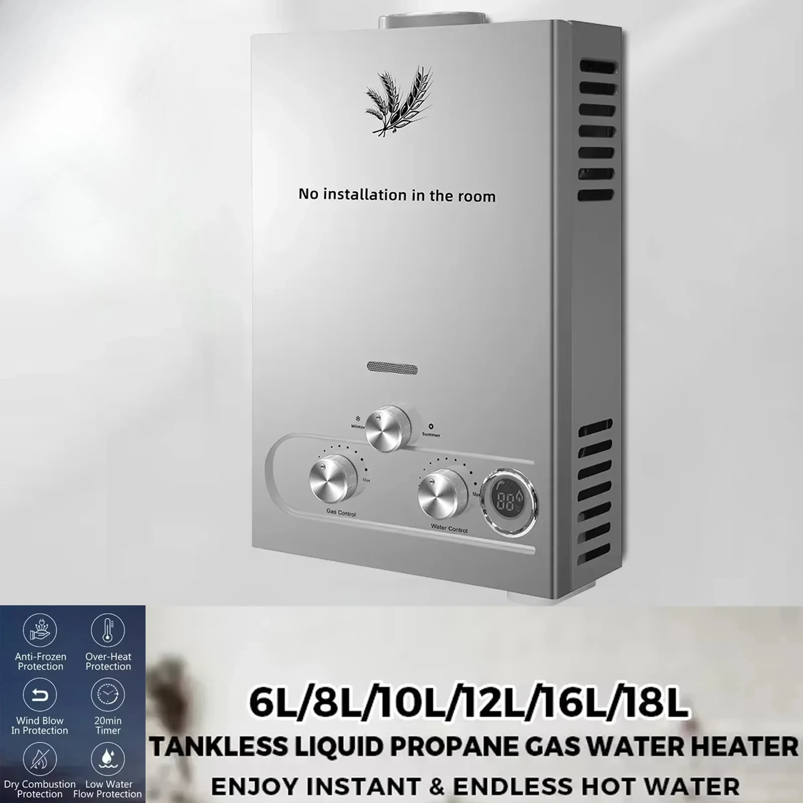 SIHAO LPG Water Heater 6L 8L 10L 12L 16L 18L Liquefied Petroleum Gas Propane Butane Boiler Heater for Home Camping RV Outdoor Hot Water Heating System Appliance Equipment SIHAO LPG