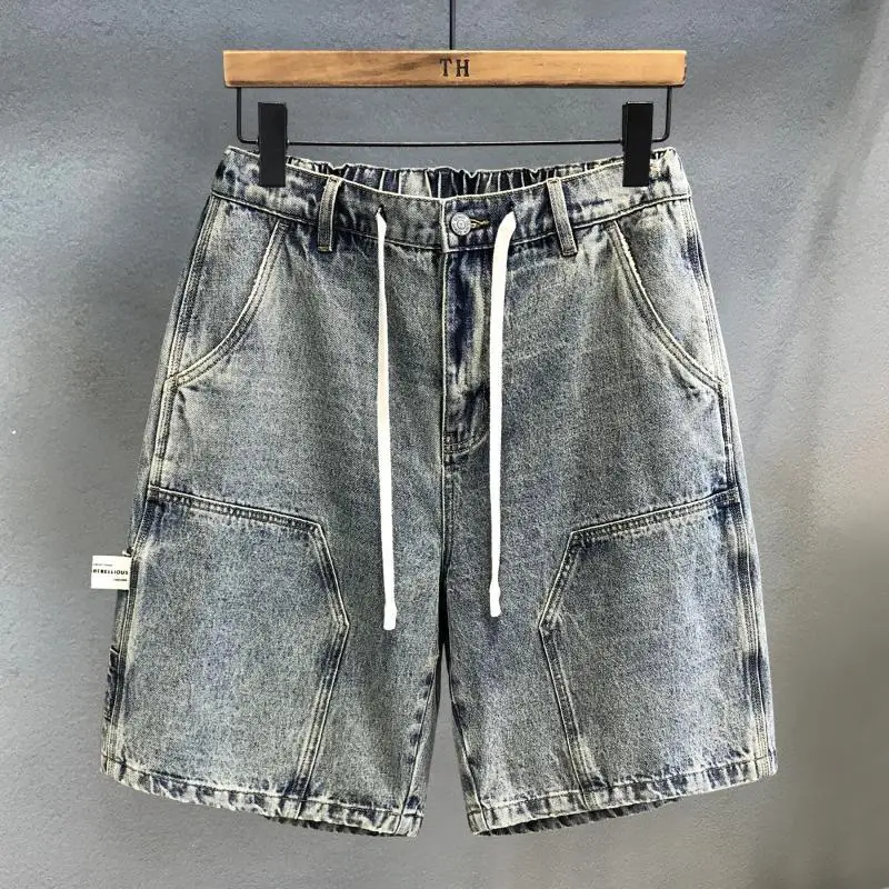 

Summer Luxury Fashion Denim Solid Jean Shorts for Men Knee Length Casual Vintage Washed Workwear Five-pocket Shorts Short Jeans