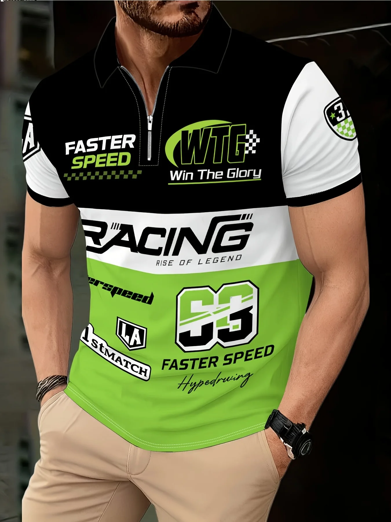 2026 new hot selling men's round neck POLO fashion racing element printed letter pattern casual wear breathable  outdoor top