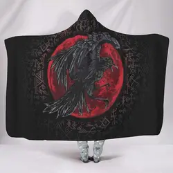 Coral Fleece Viking Norse Huginn & Muninn Odin's Ravens 3D Printed Hooded Blanket Cozy Blanket Hood Poncho Mens Women Kids