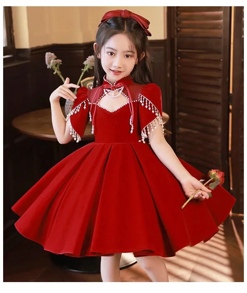 Meninas elegante vermelho princesa vestido de baile crianças aniversário batismo festa casamento piano desempenho vestido flor vestidos da menina