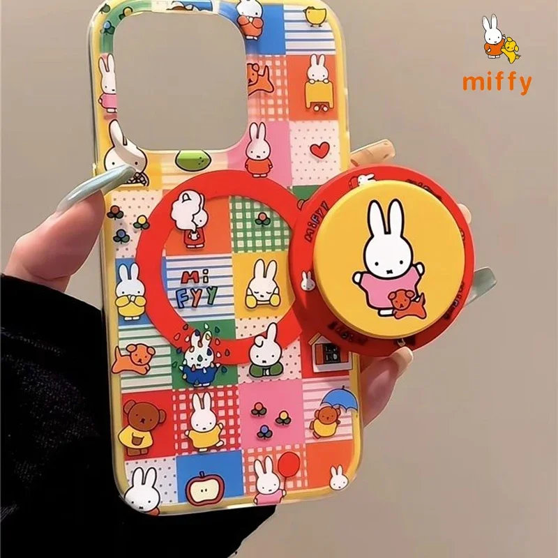 

Kawaii Miffy Phone Shell Suitable Iphone 16 15 14 13 Cartoon Dopamine Magnetic Stand Checkered Anti Drop Phone Case Girls Gifts