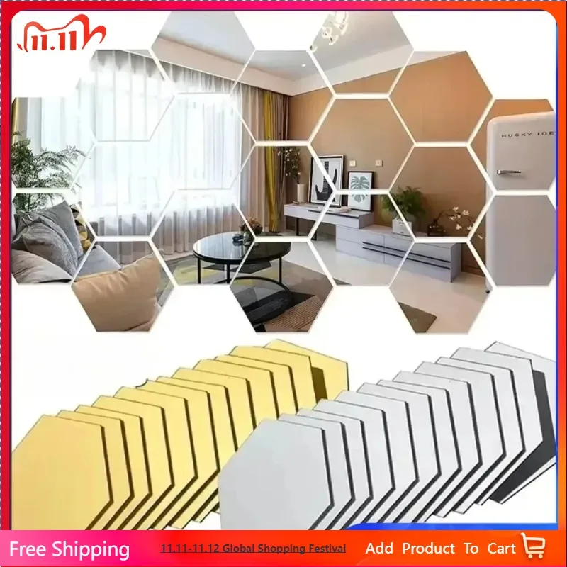 

60pcs Acrylic Wall Mirror Hexagon Self Adhesive Stickers in 4 Colors Mosaic Tile Decals for Decoration DIY Art Ornaments Gift