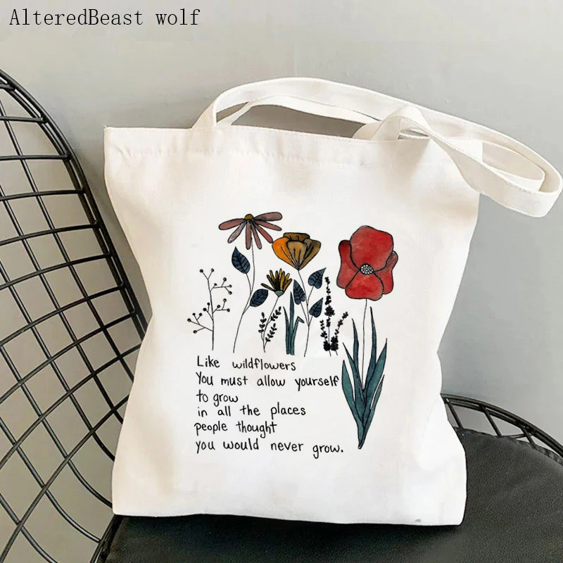 

Women Shopper bag Wildflower Quote Watercolor Kawaii Bag Harajuku Shopping Canvas Shopper Bag girl handbag Shoulder Lady Bag