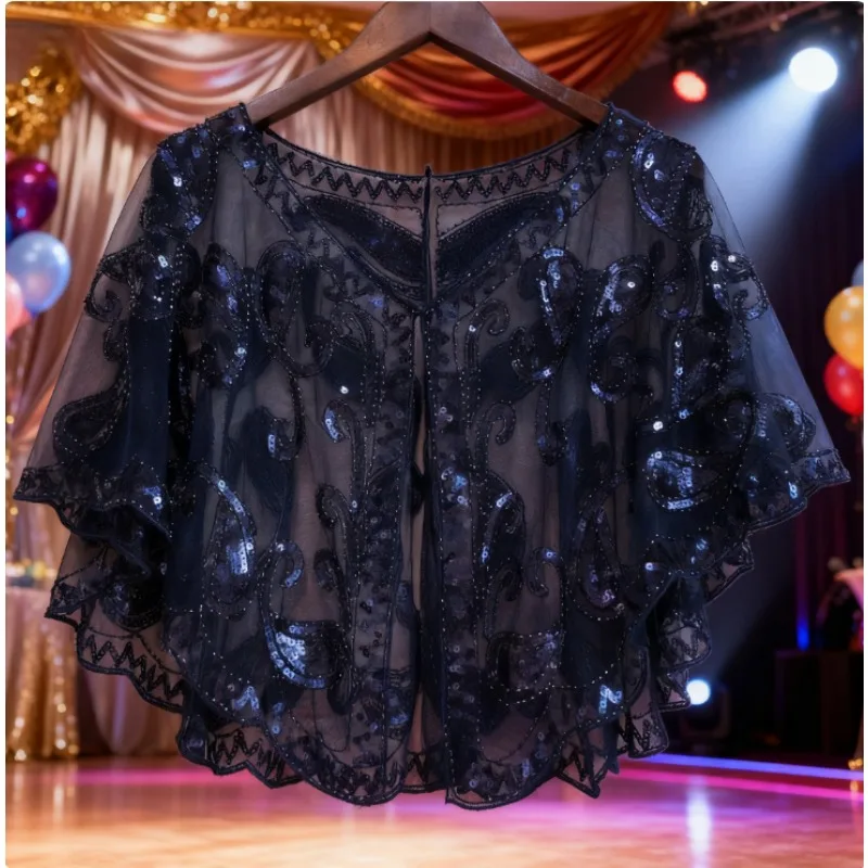 Accesorios de disfraces Chal brillante nupcial - Estola de lentejuelas Art Deco con detalles de perlas para fiestas temáticas vintage