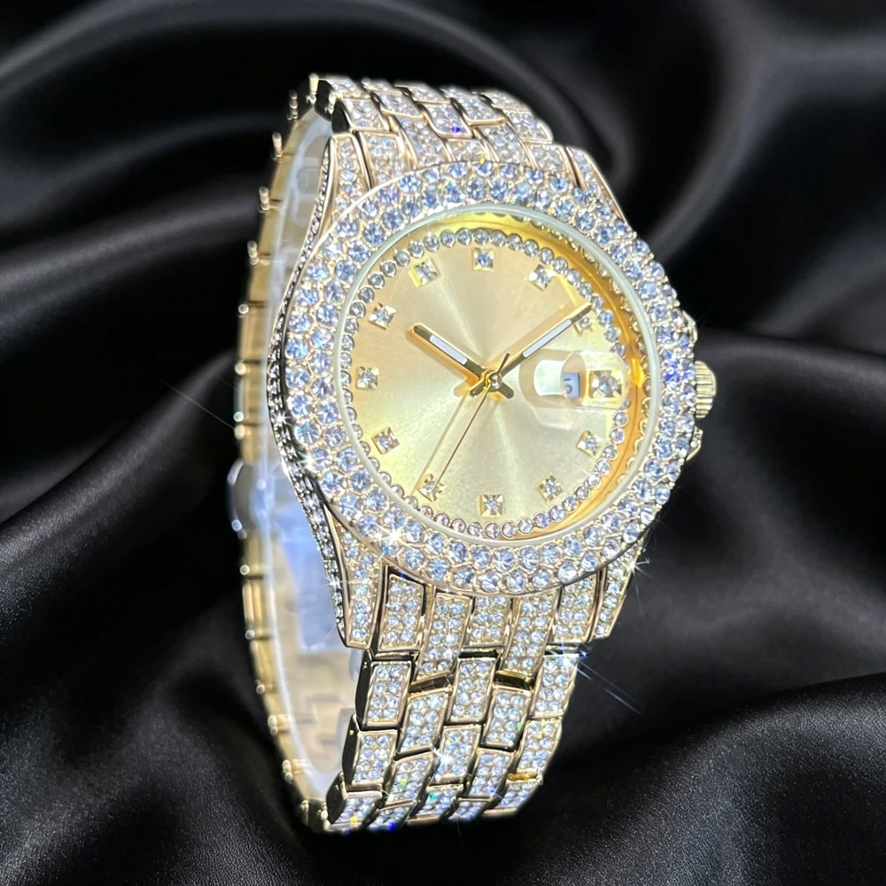 MISSFOX Full Iced Out Watch For Men Luxury Gold Hip Hop Diamond Quartz  Watches Waterproof Day Date Clock Hot Selling Product
