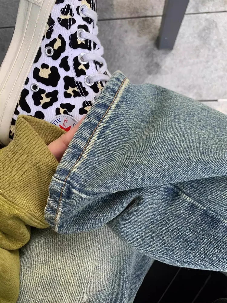 

American Sle Side Zipper Flared Jeans Men's Summer Retro Workwear Loose Straight Leg Trousers Youth Casual Cotton Denim