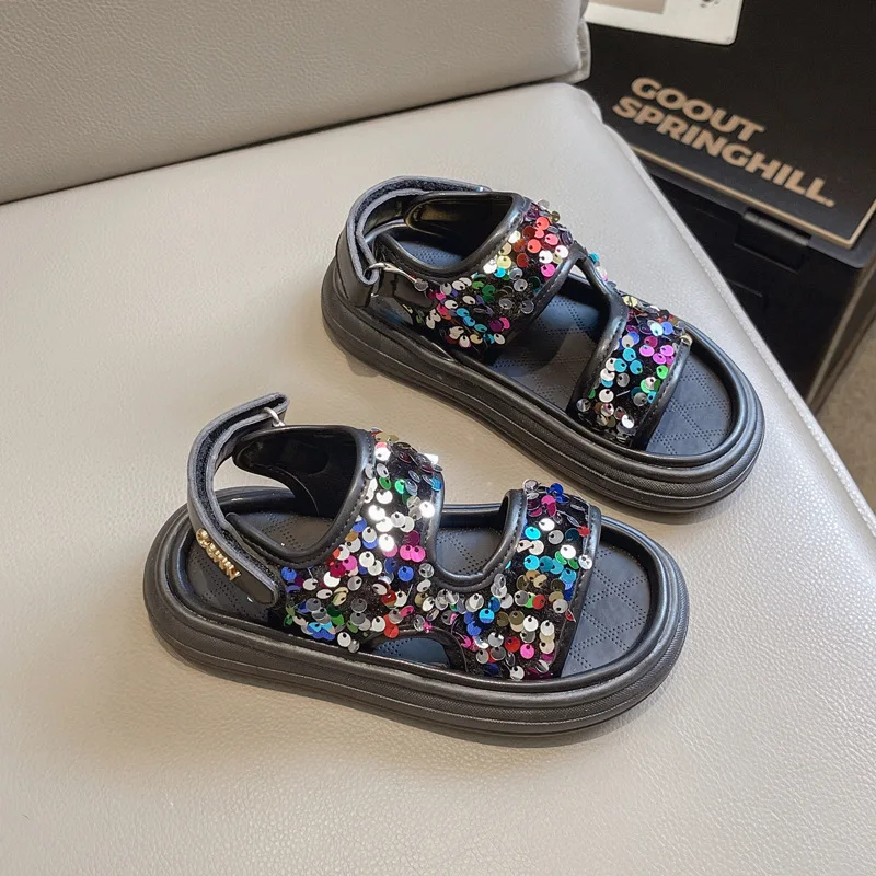 Girls' Glitter Sandals 2024 Kid's New Sequined All-matching Beach Shoes Children's Girls Version Silver Sports Black Shoes