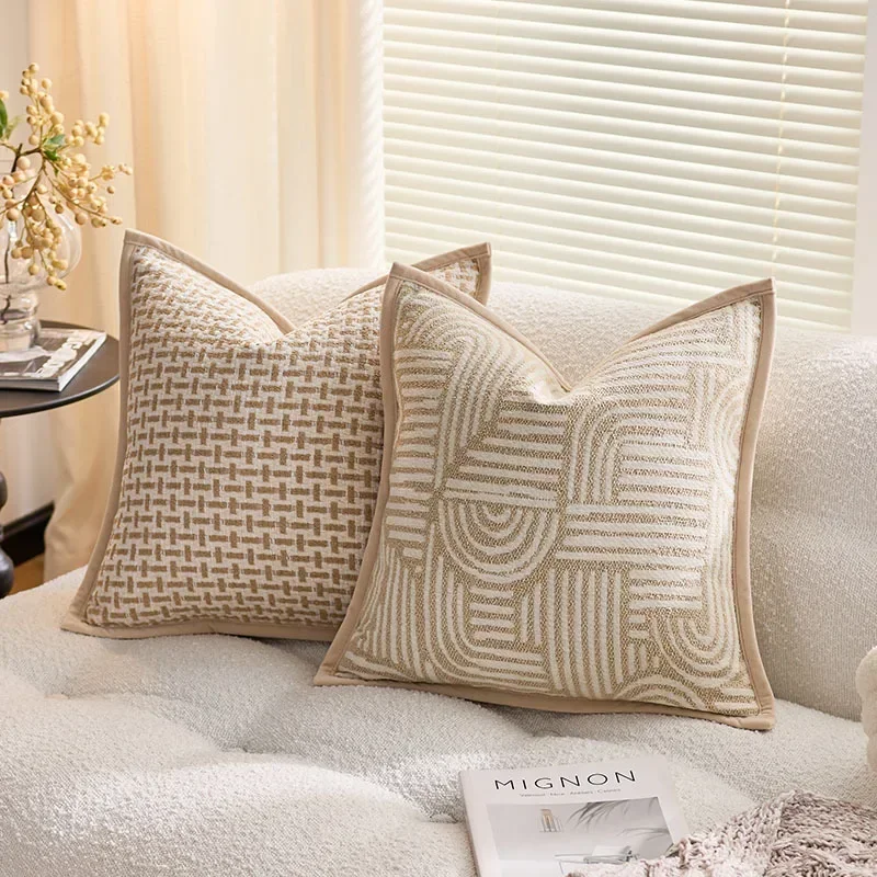 French Luxury Khaki Oatmeal Pillow Covers Decorative Retro Geometric Houndstooth Jacquard Cushion Cover 20X20in Cream Home Decor