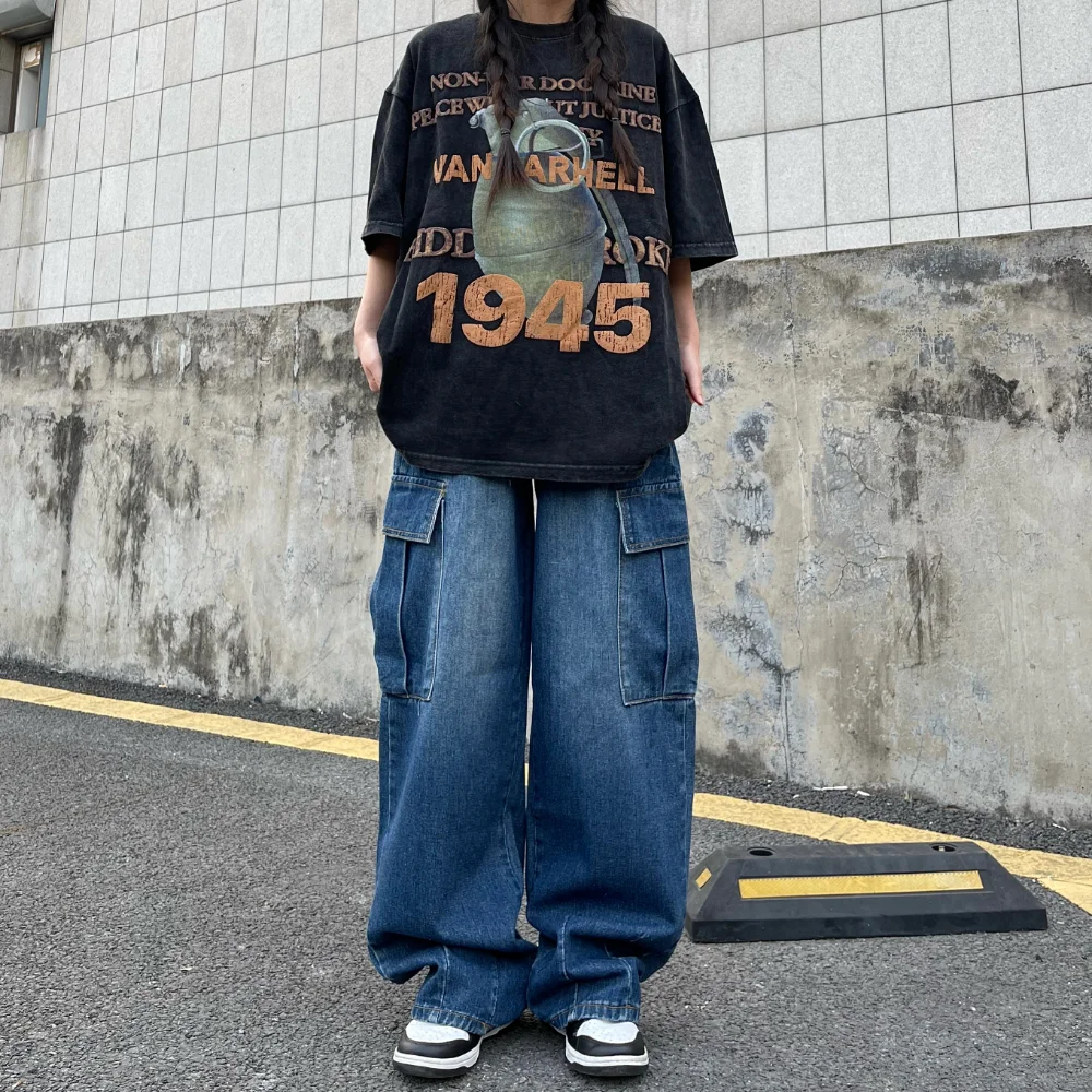 High Street Jeans Vintage Washed Oversize Wide Leg Denim Pants Men's Drape Grunge Workwear Big Pocket Baggy Pants cargo pants