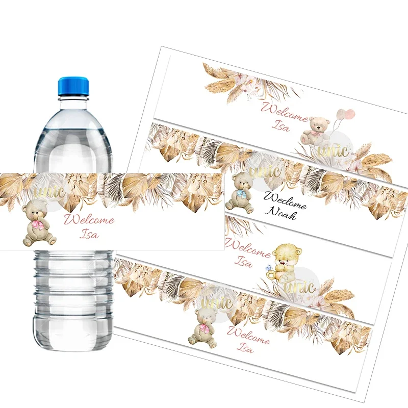 Custom Pampas Grass Boho Bear Round Sticker Water Bottle Labels Customized Baby Shower Welcome Baby Baptism Christening Decor