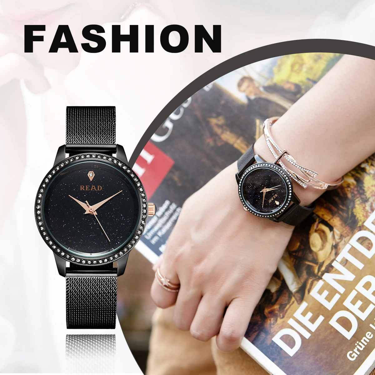 READ Women Quartz Wrist Watch | Starry Glitter Dial | Black Stainless Steel Mesh Band | Daily Water Resistant Ladies Dress Watch