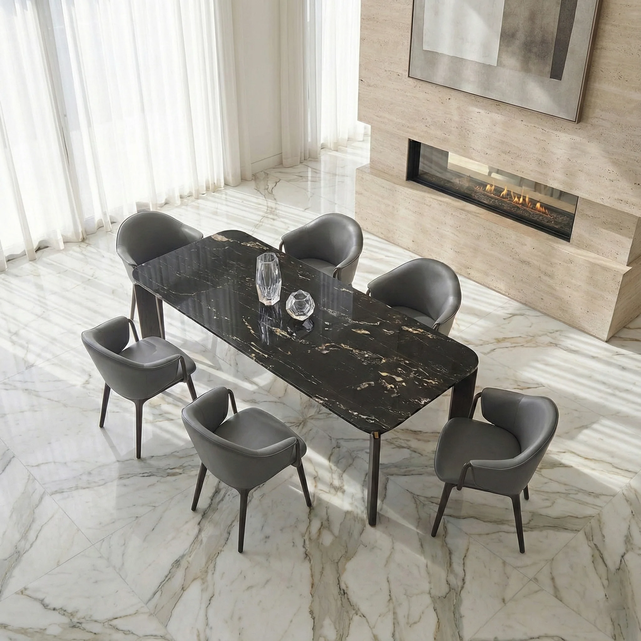 Luxury Dining Table Set Black Marble Top With 6 Leather Chairs For Modern Restaurant