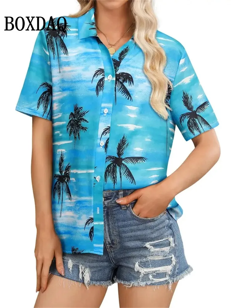 

Women's Hawaiian Shirts 3D Print Coconut Palm Graphics Fashion Button Short Sleeve Lapel Blouse Hawaiian Shirts For Women Summer