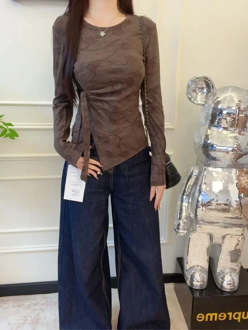 

Женский модный топ больших размеров с длинными рукавами, блестящий, из окрашенного бархата, с завязками, облегающий, с круглым вырезом, в повседневном стиле, из полиэстера