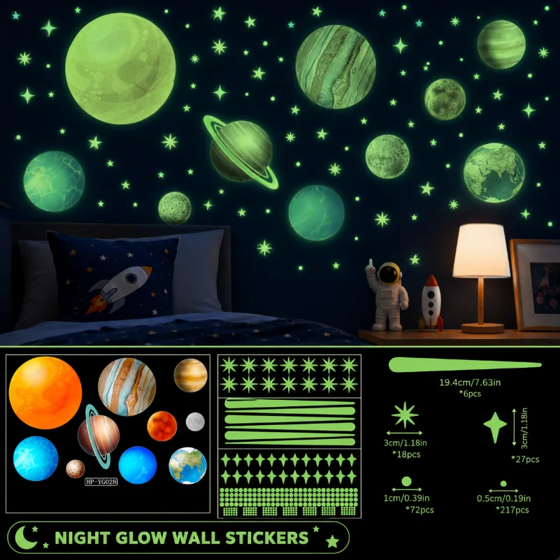 PVC Stars Moon Night Light Wall Stickers Wall Decoration Suitable DIY Glow in The Dark Luminous Planet for Bedroom and Ceiling