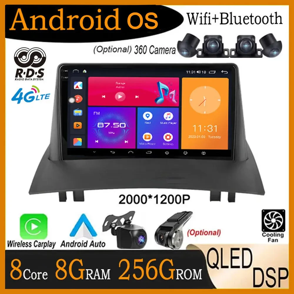 

9" Android 14 DSP For Renault Megane 2 2002 - 2009 4G+Wifi Touch Screen Car Player Radio Multimedia GPS Navigation Carplay Video