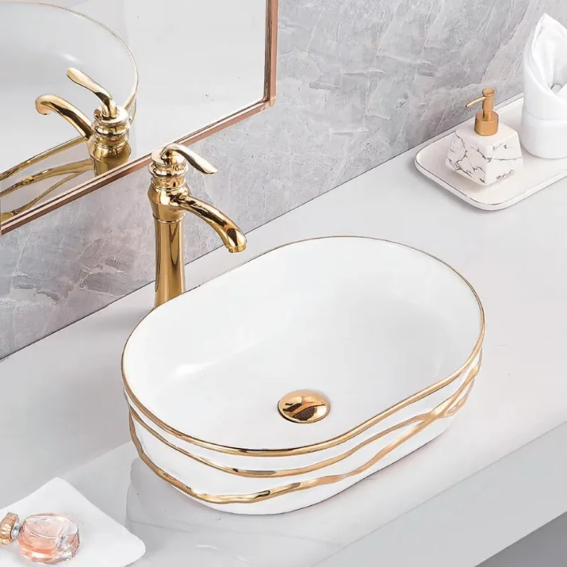 Oval countertop electroplated multi-color ceramic luxury design handmade wash basin