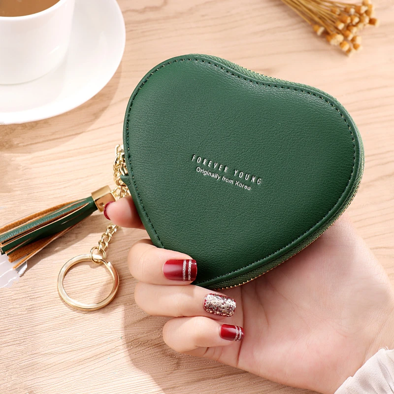 Fashion Heart Shaped Small Purses with Keychain PU Leather Women\'s Cute Mini Tassels Zipper Coin Wallets Money Bag Pouch