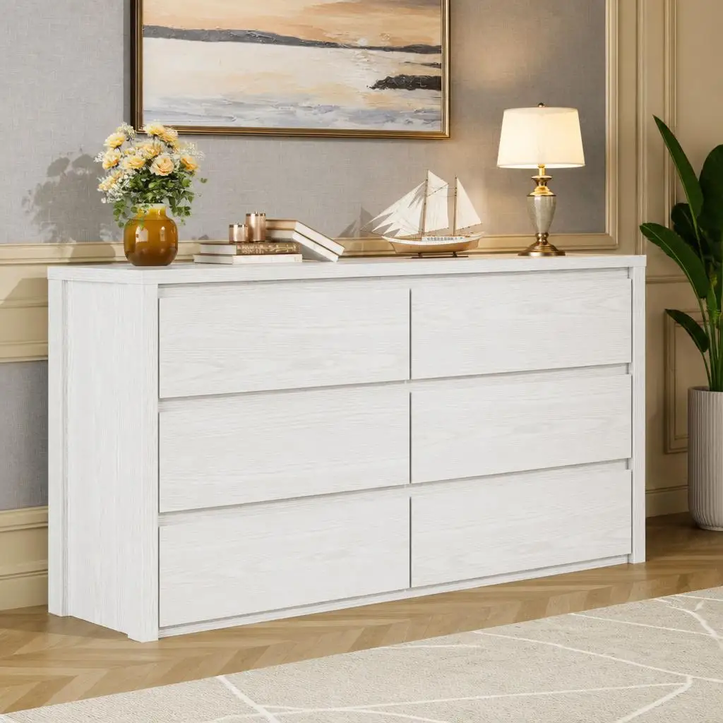 Modern 6 Drawer Dresser for Bedroom – Wide Wooden Chest of Drawers with Deep Storage – Freestanding Cabinet for Living Room, Hallway, Entryway – Black Finish