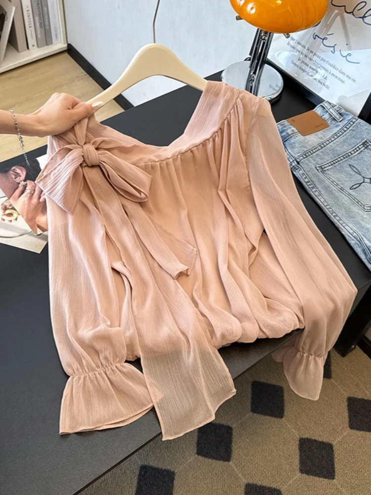 Outono francês elegante fora do ombro chiffon blusa feminina outono manga longa gravata cintura alargamento manga solta ajuste escritório camisa casual