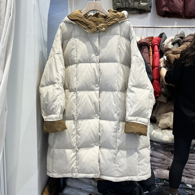 

Winter Long Hooded Patchwork Down Jacket Women 90% Duck Down Parker Knee Length Down Jacket Female Single Breasted Warm Outwears