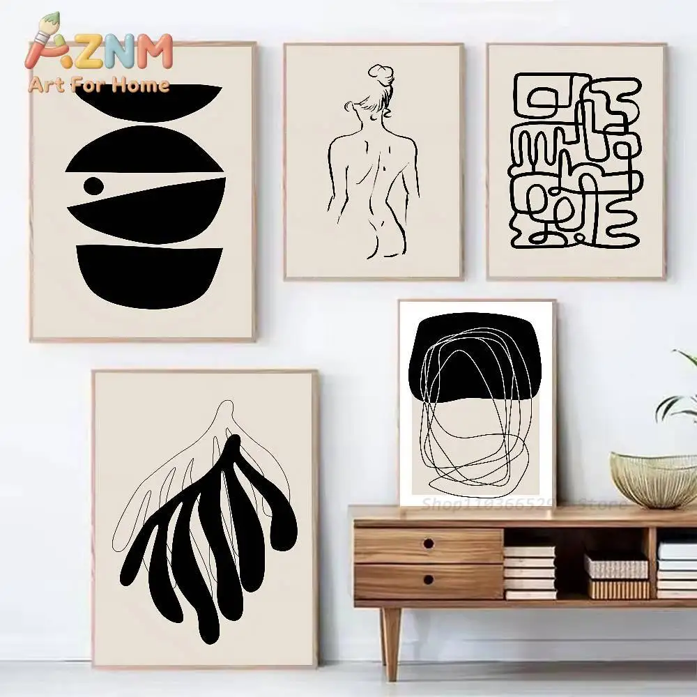 AZNM Beige Black Abstract Line Canvas Wall Art, Matisse Picasso Woman Body Leaf Minimalist Print, Boho Living Room Gallery Home
