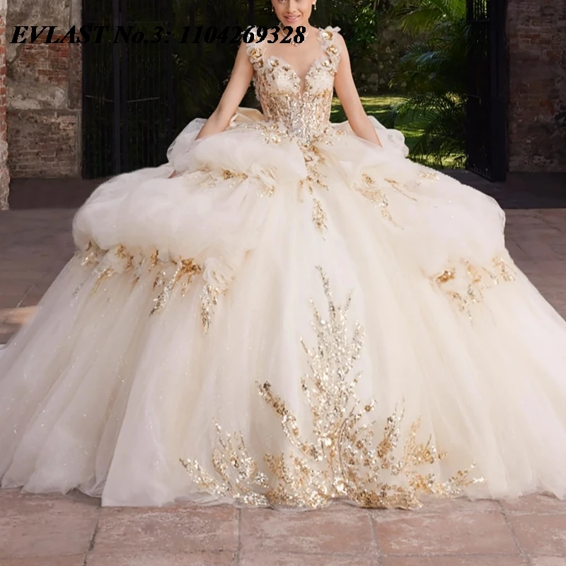 

EVLAST Customized Champagne Quinceanera Dress Ball Gown Gold Lace Applique Beading Tiered Sweet 16 Vestidos De 15 Anos E3Q810