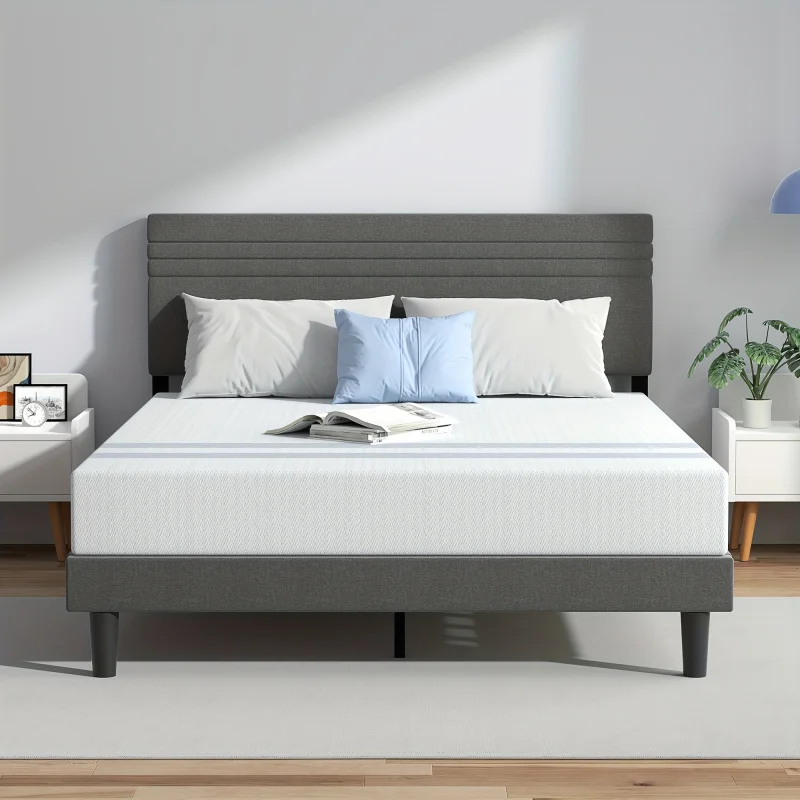 

Platform Bed Frame with Adjustable Headboard，Heavy-Duty Metal Frame and Wood Bar Support，Easy to Assemble