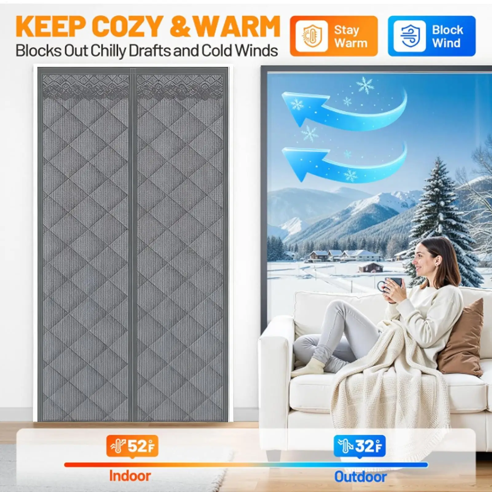Door Insulation Cover Magnetic Barrier With Clear Window Weatherproof Heat Protection Door Cover For Winter Home Entrance