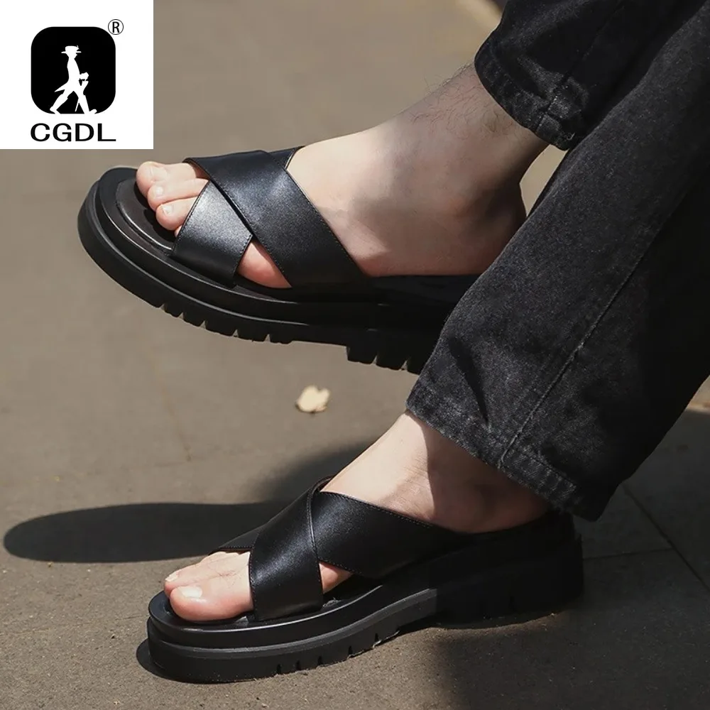 Luxury Mens Leather Slippers 2024 New Style Genuine Leather Outdoor Sandals Fashion Platform Business Slippers Summer Man Shoes