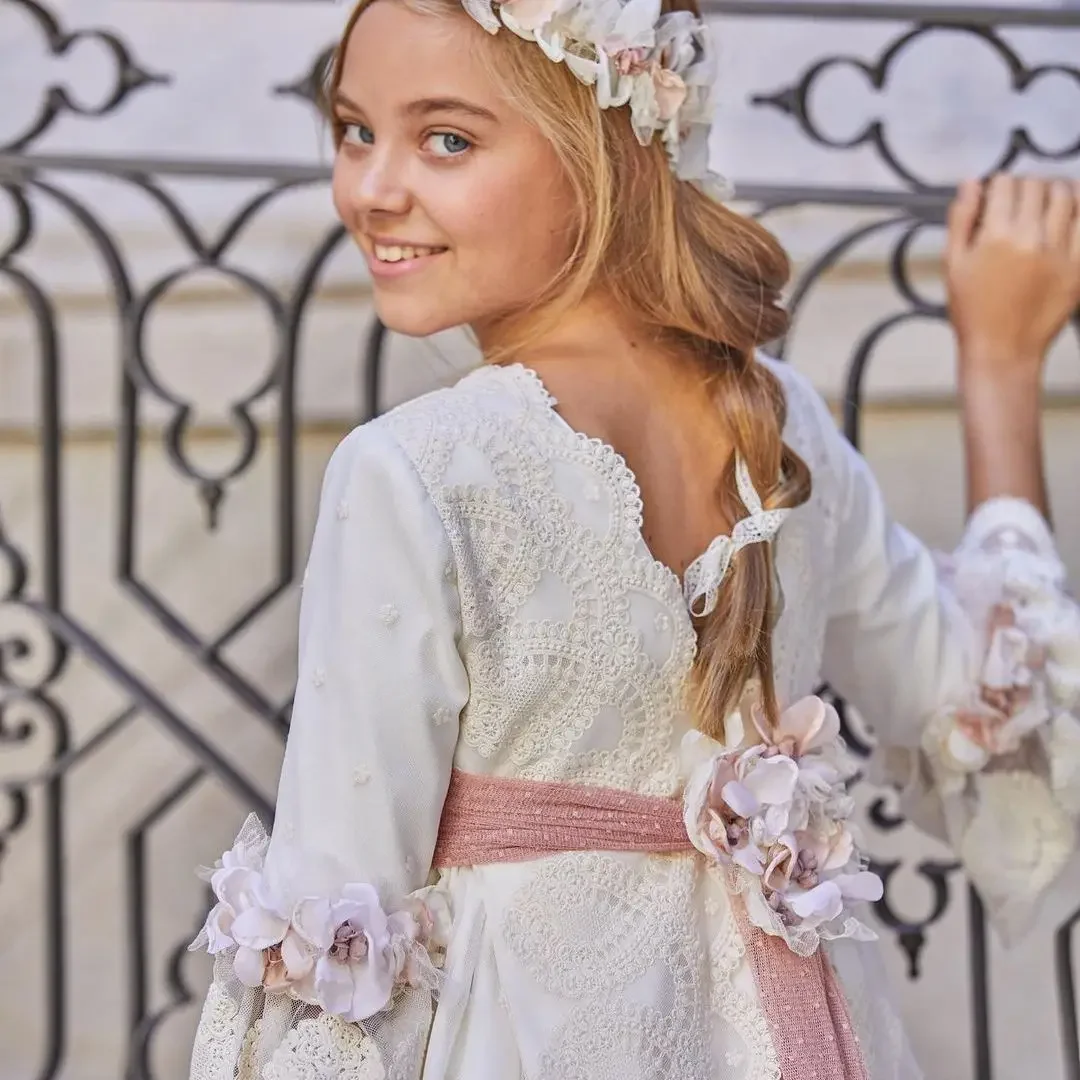 Vestito da ragazza di comunione per bambino Vintage principessa pizzo floreale cintura A nastro Bridemini damigella d'onore festa di nozze un abito di linea